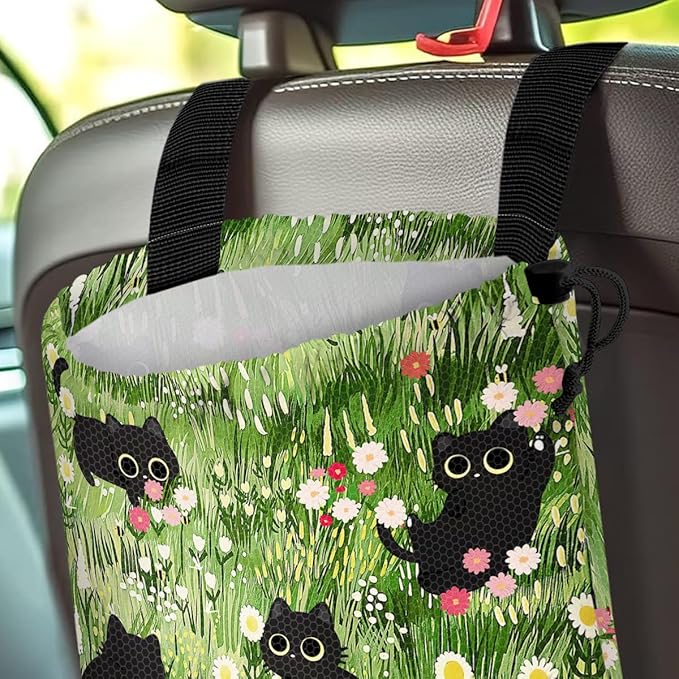 Car Trash Bag Hanging Back of Seat Waterproof Small Cute Printed One-Handed Strap Drawstring Garbage Bags for Car-Black Cat Floral