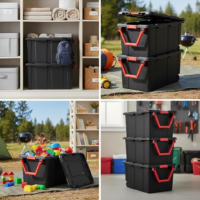 40 Gallon Extra Large Rolling Storage Bins 2-Pack, Black Heavy-Duty Plastic with Pivoting Handle & Leak-Resistant Lid, for Garage Warehouse Industrial Storage