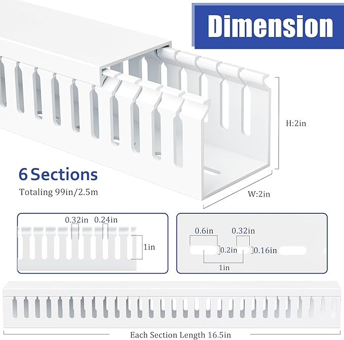 ZhiYo 2 x 2in Professional Server Rack Cable Management Raceway, 99in (6X L16.5in) Cable Raceway Kit, Electrically Safe PVC Open Slot Wire Raceway for Under Desk/Computer/Network Cords, White