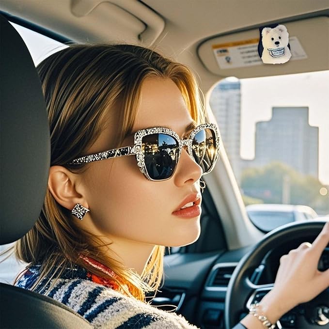 Tizee Magnetic Leather Sunglasses Holder for Car Visor - Cute Puppy Design,Eyeglass Clips Organizer Car Accessories for Women and Girls