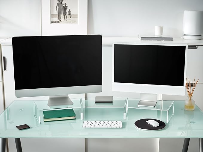 Red Co. Set of 3 Modern Clear Acrylic Desktop Computer Monitor Stands with Adjustable Length & Angle, 14.7” x 9” x 4”
