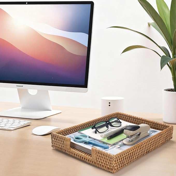 Rattan Letter Tray, Wicker Desk Tray, Woven Desktop Basket Organizer for Papers, Documents, Magazines, Files