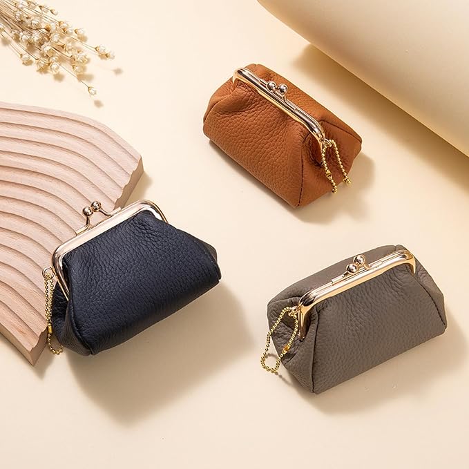 Genuine Leather Coin Purse for Women, Cute Mini Lipstick Holder Case, Small Vintage Kiss Lock Jewelry Storage Organizer Change Bag Pouch (Dark Khaki)