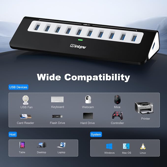Powered USB Hub, intpw 10 Port USB 3.1 Hub with 10Gbps Data Transfer, 36W(12V/3A) Power Adapter, USB Type A and Type C Cable, Grey USB Hub for Laptop, MacBook and Desktop Computer