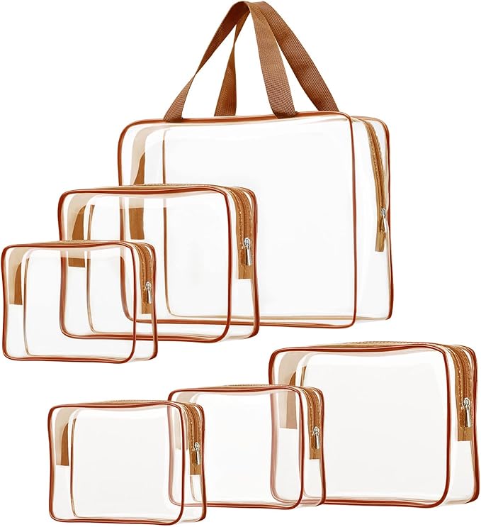 6pcs Clear Cosmetic Bags, TSA Approved Toiletry Bag Set Crystal Clear Travel Beach Essentials Bag Organization PVC, Clear Makeup Bags Luggage Pouch Carry on Airport Airline Compliant Bag Women Men