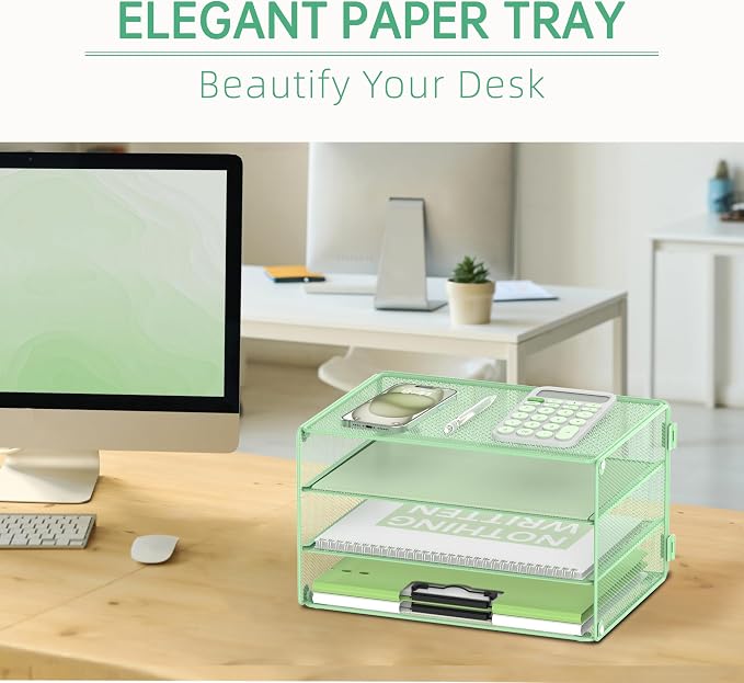 DALTACK 3 Tier Letter Tray Paper Organizer for Desk, Mesh Metal Desk File Organizer with Sliding Trays for Letter/A4 Paper, Mail, Bills & Folders, Mint Green