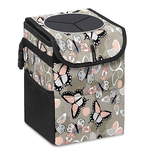 Car Trash Can Butterfly Auto Garbage Bag Car Trash Can with Lid Leak-Proof Car Storage Bag Auto Garbage Bag Hanging for Headrest Collapsible and Portable with Storage Mesh Pocket
