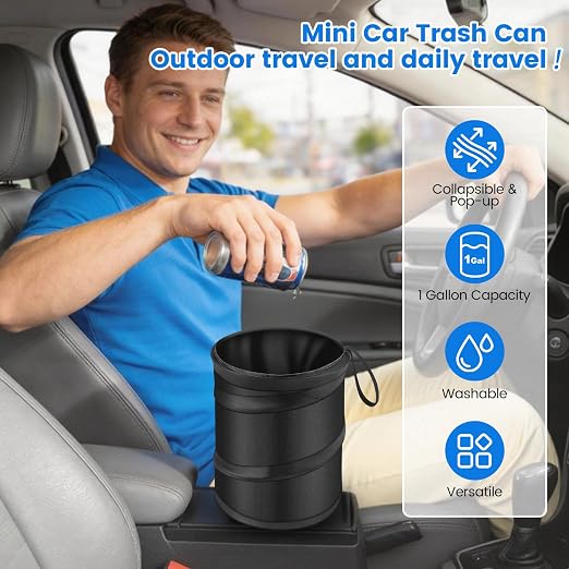 2 Pack Mini Trash Can for Car, Leakproof Pop-Up Car Trash Can with Hanging Loop, Washable Small Garbage Can Hanging Automotive Garbage Cans Trash Bin for Truck Auto SUV Vehicle RV Camping, 1 Gallon