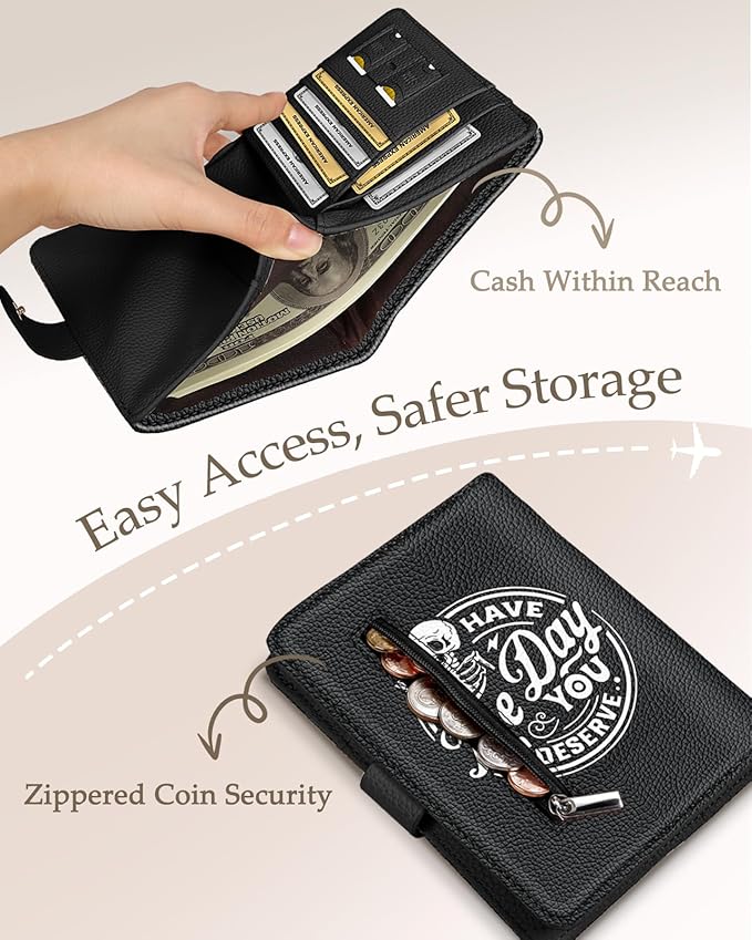 Slohif Passport Wallet Holder Cover for Travel - Women Men RFID Blocking Passport Book Case Protector, Black Fun Skull Skeleton Leather Personalized Organizer Slim Carrier Boarding Pass Cards Slots