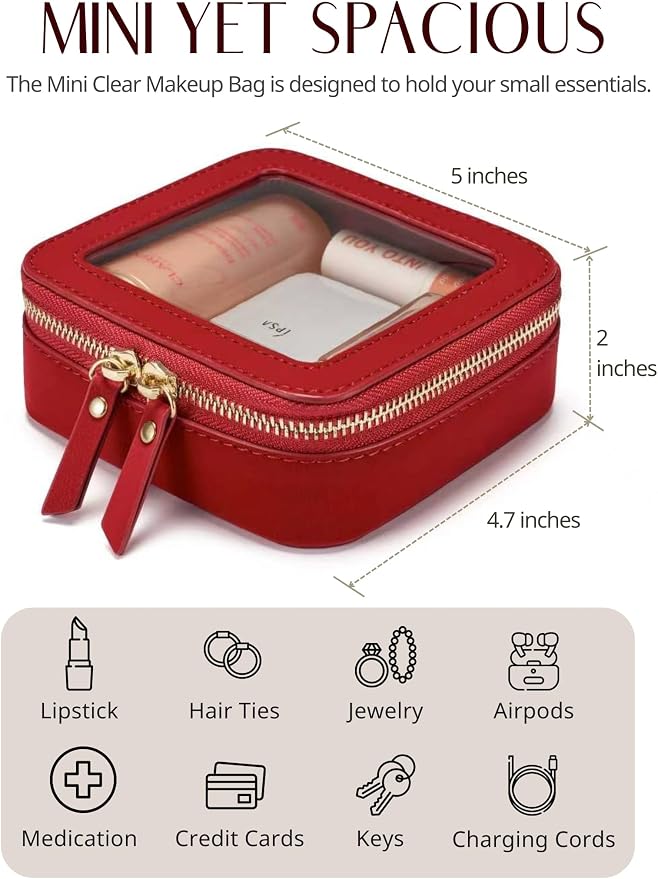 Popvibe Clear Makeup Case Toiletry Bag Travel Medium Clear Cosmetic Bag with Zipper, Mini & Medium, Red