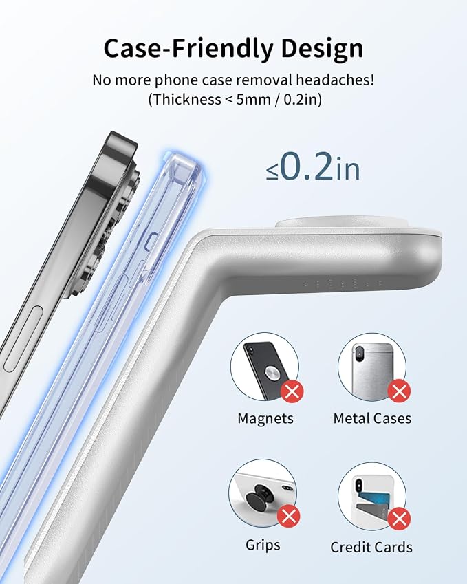 GEEKERA Wireless Charger, 3 in 1 Wireless Charging Station for iPhone Air/17/16/15/14/13/12/11/Pro Max/X/8, Phone and Watch Charger Stand for Apple Watch Ultra 3-2/11-2/SE, AirPods Pro/4/3/2, Silver
