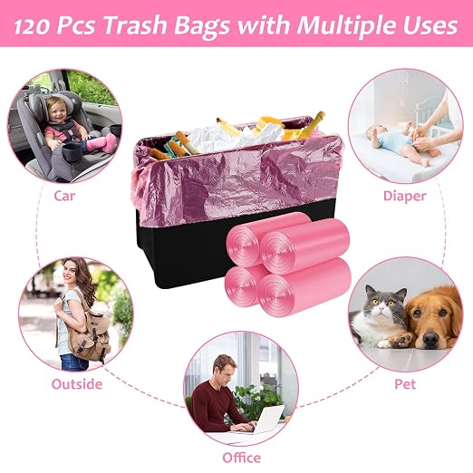 Accmor Mini Car Trash Can Bags for Auto Trash Bin, 120 Count Small Garbage Organizer Bags Tear-Resistant, Liner Refills (Vehicle Trash Can is not Included), Pink