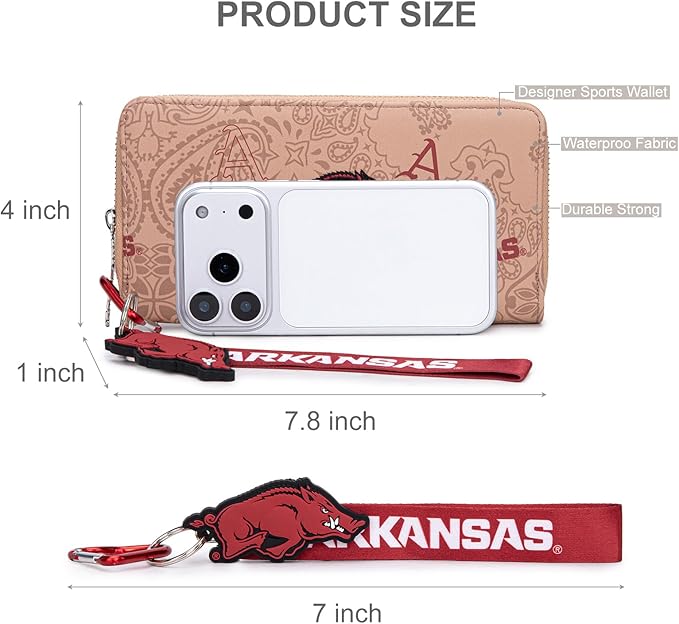 Arkansas Razorbacks Wristlet Wallet for Women, Arkansas Team Purse with RFID Blocking Card Slot, New Clutch Zipper Wallet for Fan Gift, Game Day, Travel Essentials | Khaki, NC-AFU011KH