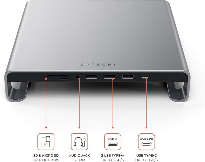 SATECHI Type-C Aluminum Monitor Stand Hub with USB-C Data, USB 3.0, Micro/SD Card Slots & 3.5mm Headphone Jack - for Apple Studio Display, iMac, iMac Pro (Space Grey)