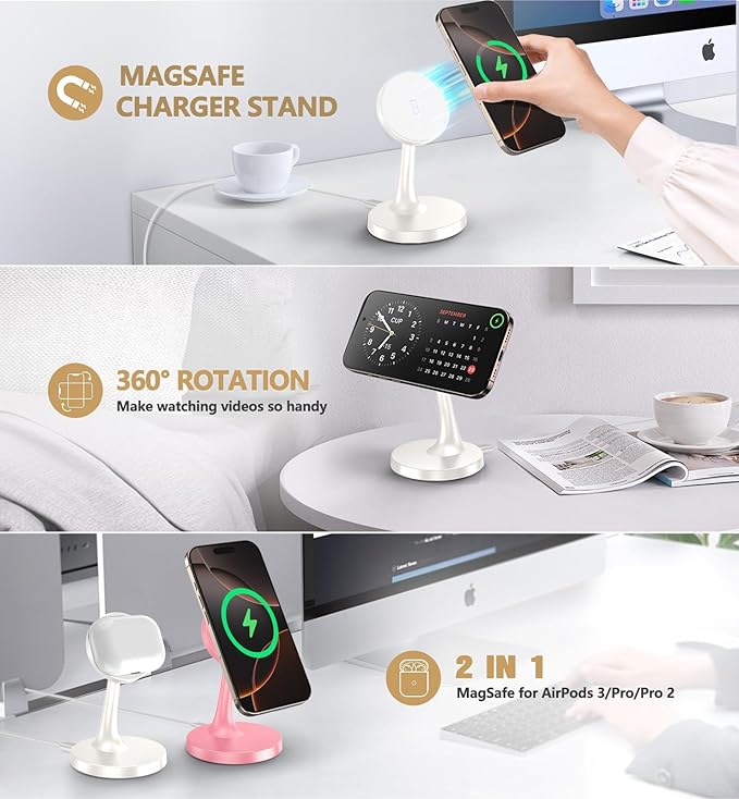2 Pack Magnetic Wireless Charger iPhone, 15W Fast Mag-Safe Charger Stand for iPhone 17/17 Air/17 Pro/17 Pro Max 16/15/14/13/12 Series Magnet Wireless Charging Station/Pad for AirPods- Gifts Ideas