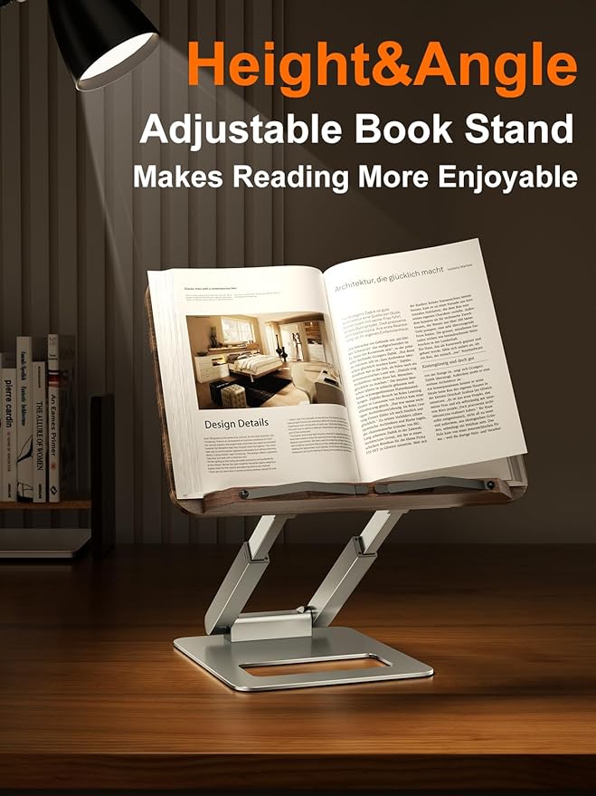 Tounee Book Stand for Reading, Telescopic Book Holder, Adjustable Height Pull Out Design Ergonomic Cookbook Stand with Elastic Page Clips Fits All Books