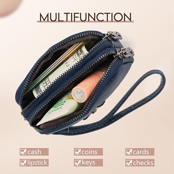 imeetu Women Leather Coin Purse, Small 2 Zippered Change Pouch Wallet