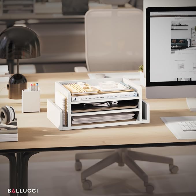 Ballucci 3-Tier Desk Organizer with 2 Side Mail Sorter Slots, Wood Letter Tray, Open Top Paper Organizer, Desktop File Organizer, White