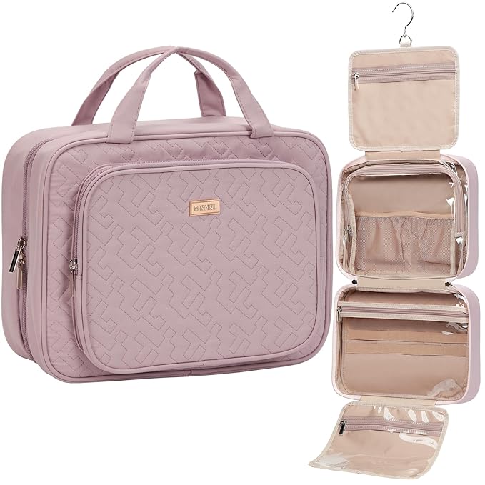 NISHEL Travel Toiletry Bag for Women, Makeup Essentials Organizer, Hanging Case for Accessories, Cosmetics, Large Size, Peach Pink