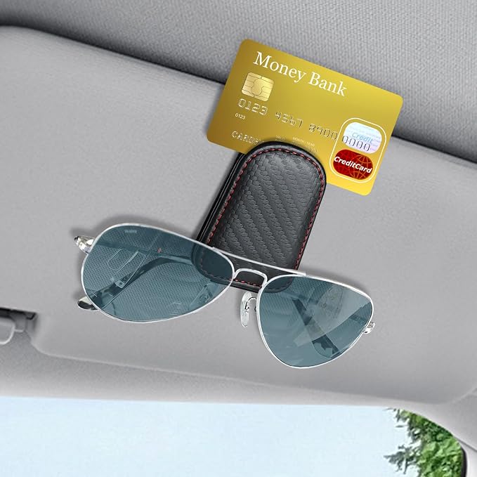 Sunglass Holder for Car, Sunglasses Clip for Car Visor, Magnetic Leather Vehicle Eyeglass Hanger Clip, Auto Ticket Card Glasses Organizer Clamp Accessories for SUV Sedan (Carbon Fiber)