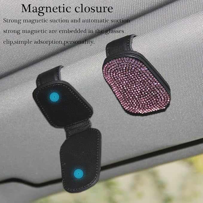 ACODABLEM Bling Car Glass Holder Sun Visor, Bling Crystal Rhinestone Sunglasses Magnetic Holder Mount Universal Eyeglasses Hanger Clip, Ticket Card Clip for Car, Car Sun Visor Accessories (Pink)
