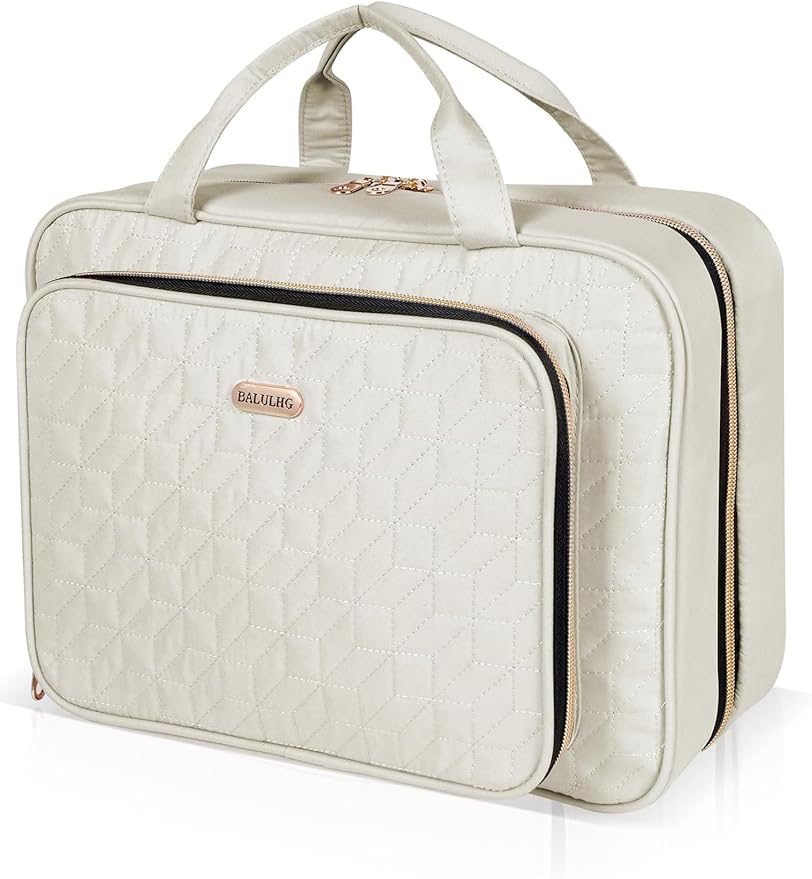 BALULHG Travel Hanging Toiletry Bag for Women,Makeup Bag Cosmetic Organizer Waterproof with Hanging Hook Multiple Pockets for Women Travel Essentials Beige