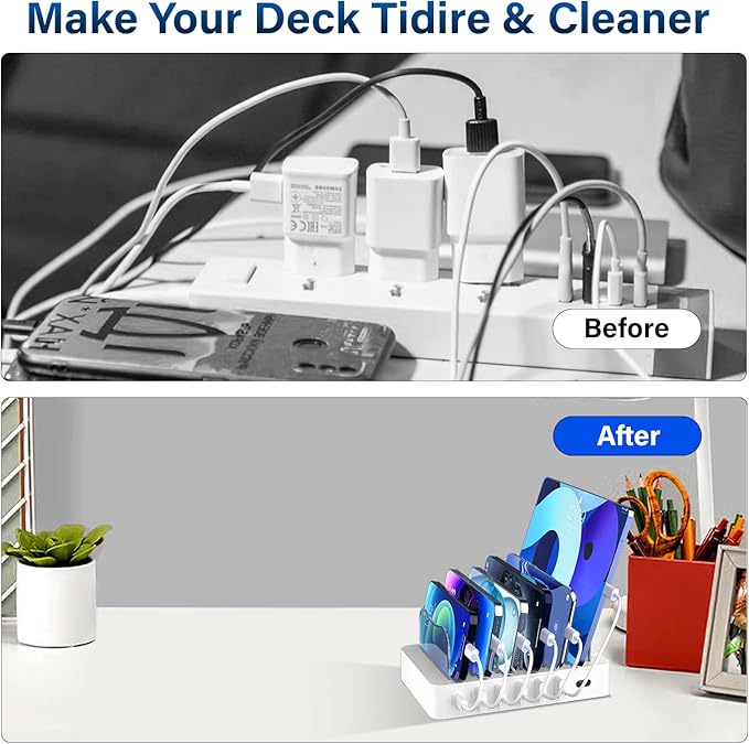 Charging Station for Multiple Devices,68W 6 Port 20W Fast Phone Charger Dock with 6 Cables, Compatible with Apple Cellphone iPad iPhone Tablet and Other Electronic(White)