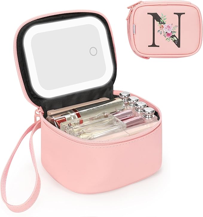 Relavel Mini Makeup Bag with Led Mirror for Women, Initial Cosmetic Bag with Adjustable Brightness, Personalized Travel Toiletry Bag, Preppy Make Up Pouch for Trip - Pink N