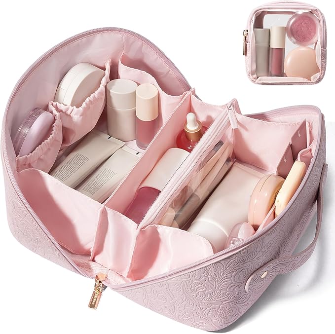 LOVEVOOK Travel Makeup Bag for Women, 2Pcs Large Capacity Cosmetic Organizer Bag, Waterproof PU Leather, Flat Open Portable Small Toiletry Pouch for Skincare, Brushes & Travel Essentials