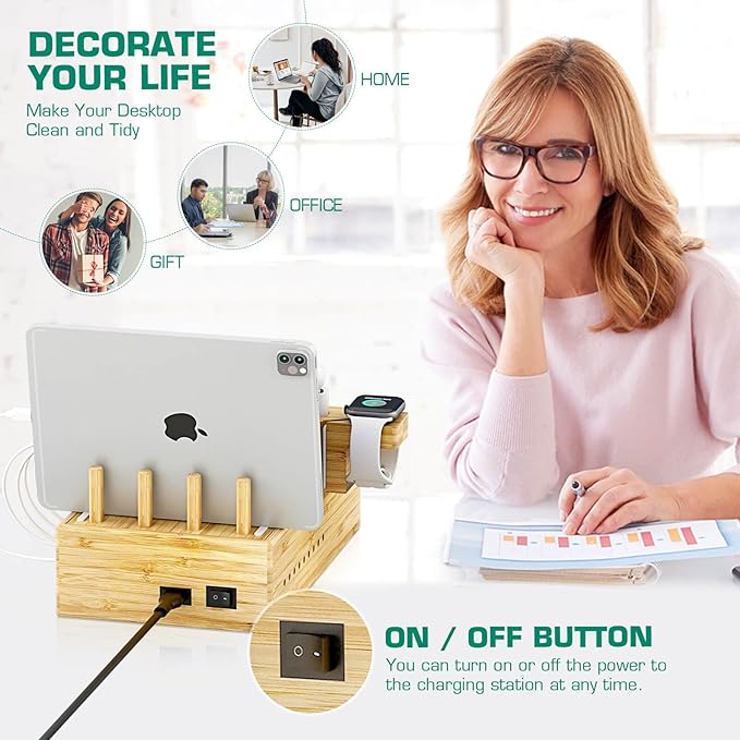 Darfoo Bamboo Phone Charging Station for Multiple Devices - Qi Certified Fast Wireless Charger & 7 USB Ports for All Phones, Tablets, Smart Watches & Earbuds (2 Stands)