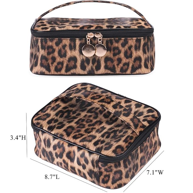 Makeup Bag Travel Large Toiletry Bag Leopard Portable Cheetah Printed Cosmetic Organizer Pouch with Small Brush Storage Case Gold Zipper Waterproof Adjustable Dividers for Women,8.7x7.1x3.4inch