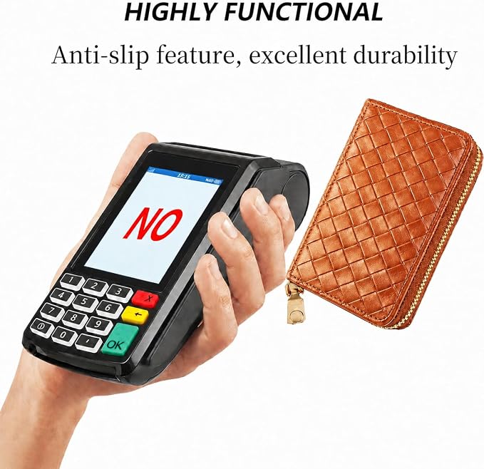 Ladies change card bag, zip storage bank card case, small portable 11 large capacity pouch, holds banknote change credit card(Brown woven pattern)