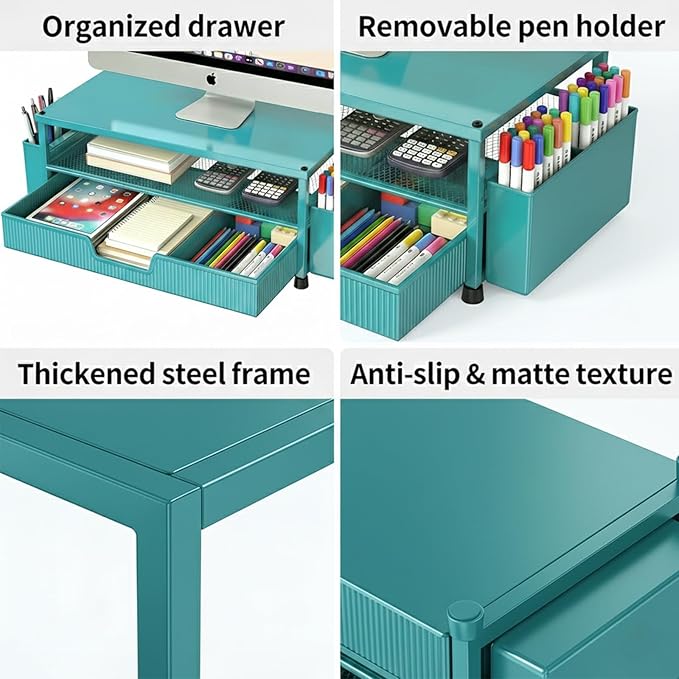 ECOLOVI Desk Organizer and Accessories, 2-Tier Computer Monitor Stand Rise with Storage Drawer & 2 Pen Holders, Laptop & Printer Stand for Desktop, Workspace Organizers for Office Supplies (Blue)