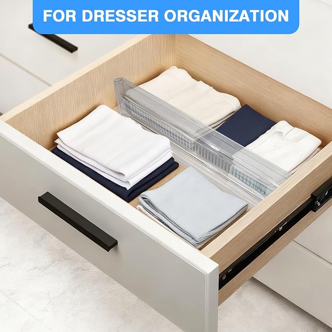 3-Pack Clear Drawer Organizer, Adjustable & Expandable Drawer Divider for Kitchen, Bathroom, Office, Customizable Storage Space-Saving Solution for Utensils, Cosmetics, Socks, Stationery