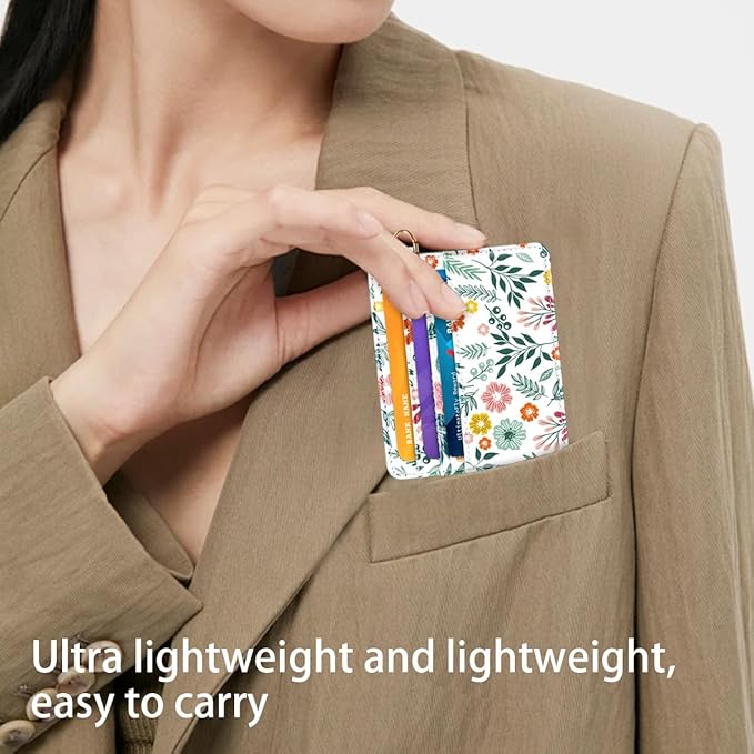 Slim Minimalist Front Pocket RFID Blocking Credit Card Holder Small Wallet Cute Card Cases for Women,Green Leaves