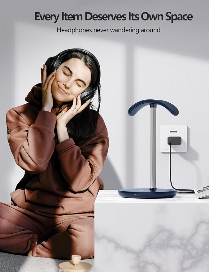 Miroddi Headphone Stand with Wireless Charger, Independent USB Charging Port, 5 in 1 Charging Station Headset Holder Rack for iWatch, iPhone, Samsung and Desk All Headphones, Dark Blue