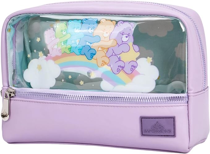 Impressions Vanity Care Bears Rainbow Cosmetic Pouch Makeup Bag With Care Bears Signature Art, Travel Makeup Bag Organizer with Vinyl Transparent Window, Two Zippered Top And Bottom Compartments