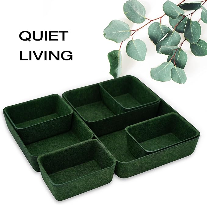Welaxy Drawer organizers trays felt storage bins drawers dividers organizer boxes for office home interior cozy decor gifts pack 7-piece (Forest Green)