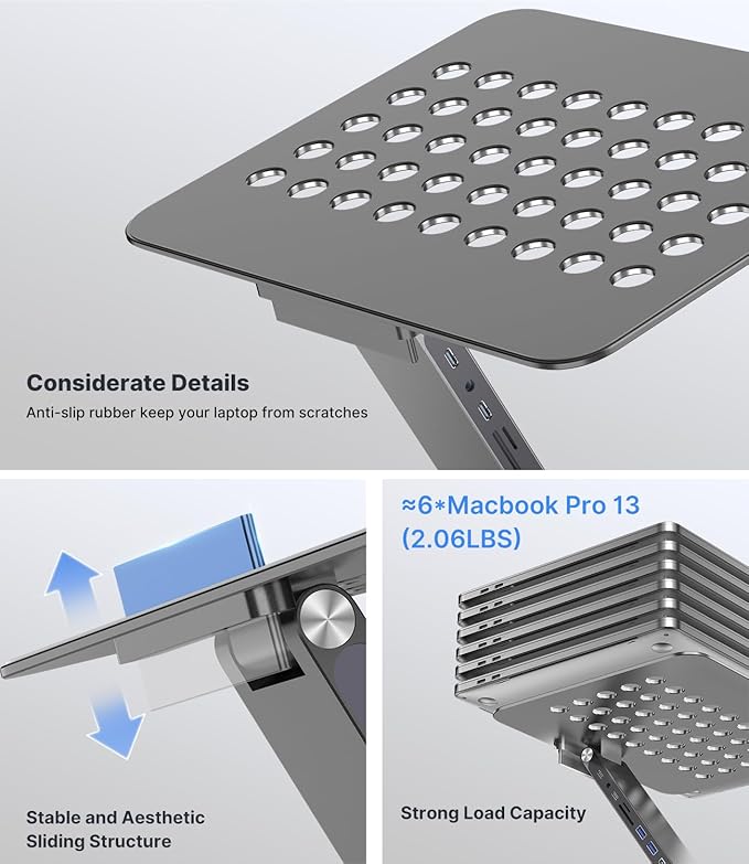 KU XIU Adjustable Laptop Stand with 8 in 1 USB C Hub, Foldable Portable Computer Notebook Stand with 360° Rotating Base, Riser Holder Mount for All 10-17" Laptops (Gray)