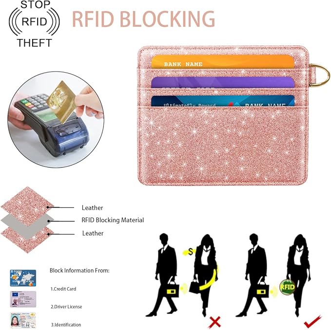 Slim Minimalist Front Pocket RFID Blocking Credit Card Holder Small Wallet Cute Card Cases for Women,Glitter Rose Gold