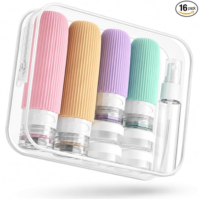 Mrsdry 16 Pack Travel Bottles Set, TSA Approved Leak Proof Silicone Squeezable Containers for Toiletries, Refillable Travel Accessories for Conditioner, Shampoo, Lotion & Body Wash Accessories