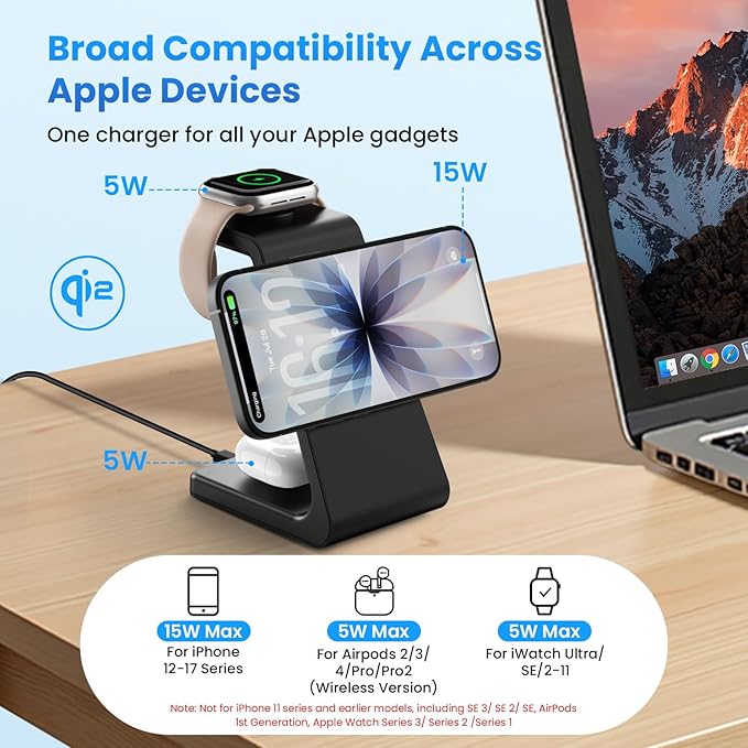 Qi2 15W Charging Station for iPhone 17: JoyGeek 3-in-1 Fast Wireless & Magnetic Charger for Magsafe, iPhone 17-12, Apple Watch Ultra 2-11 & AirPods 2-4, Includes 30W PD Adapter