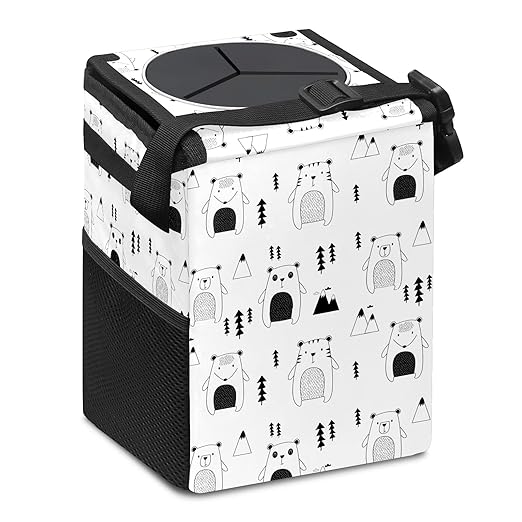 Car Trash Can Cute Bear Panda Cat Wate-rproof Auto Garbage Bag Car Trash Can with Lid Leak-Proof Car Storage Bag Hanging for Headrest Collapsible and Portable with Storage Mesh Pocket