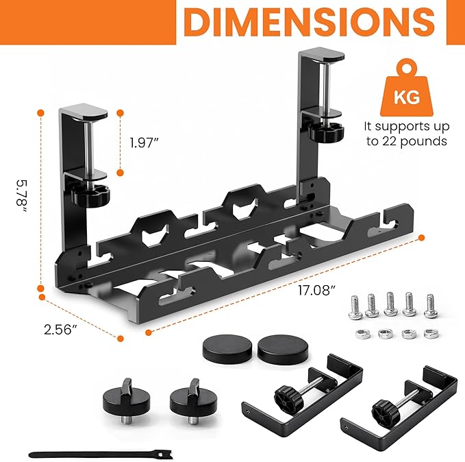 17'' Super Sturdy Cable Tray Under Desk Cord Organizer Standing Desk Cable Management System Large Power Strip Holder Cord Basket With Clamp for Wire Management Rack Office, Home, No Drill & Damage