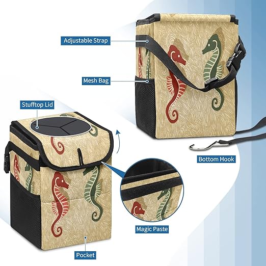 Car Trash Can Retro Seahorse Auto Garbage Bag Car Trash Can with Lid Leak-Proof Car Storage Bag Garbage Bag Hanging for Headrest Collapsible and Portable with Storage Mesh Pocket
