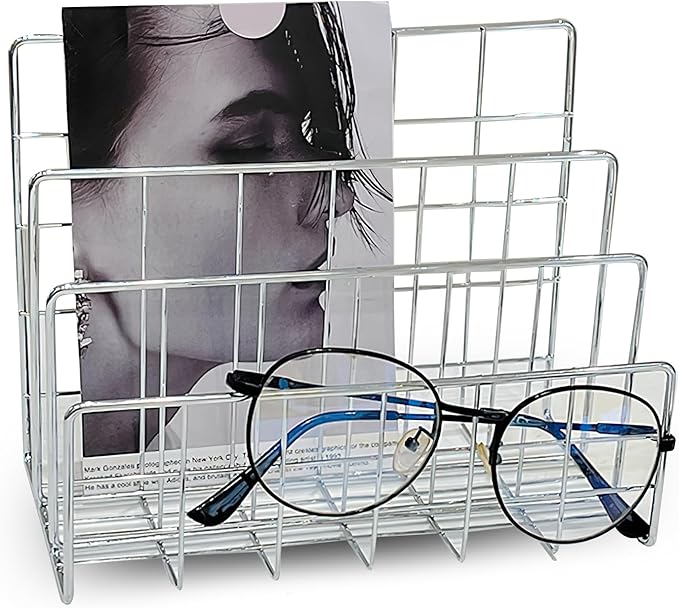 Silver Metal Desktop Organizer – 4-Slot Wire Mail Sorter, Minimalist Iron Art File Holder, Multi-Purpose Book Rack & Letter Organizer for Office, Home & School