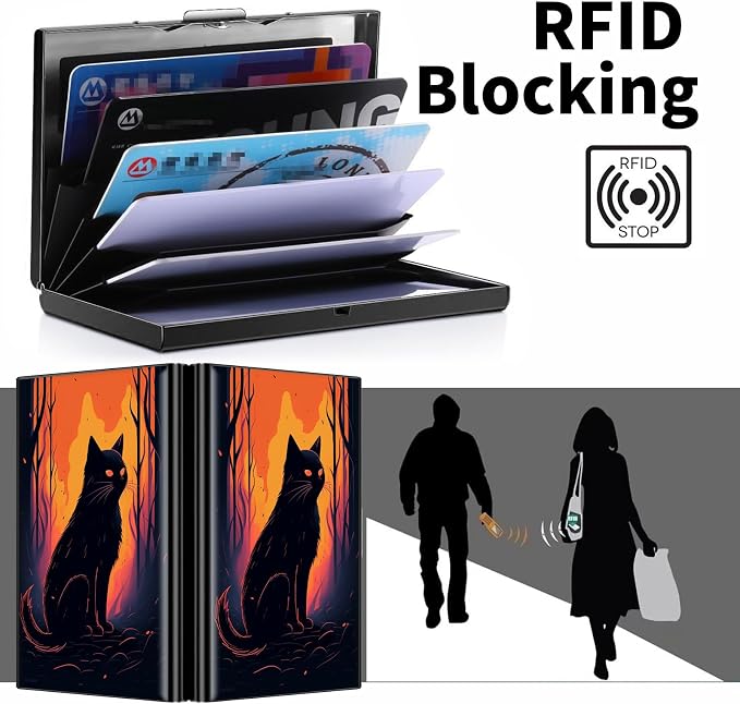 Metal Wallet, Credit Card Holder for Women Men Girls, RFID Blocking Aluminum Wallet Slim Hard Case, Mini Travel Wallet, ID Card Holder Business Card Case,Art Black Cat