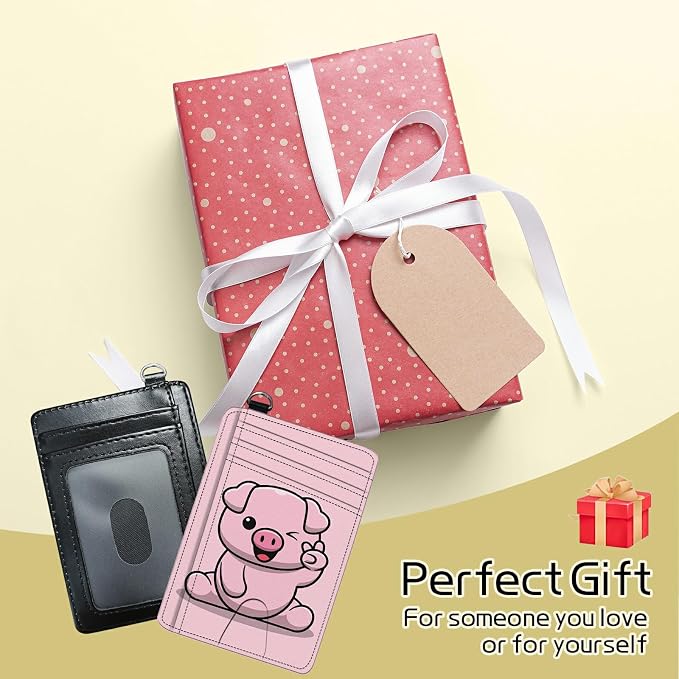 Small Travel Wallets, Pink Pig Slim Minimalist Front Pocket Wallet with Wristlet, RFID Blocking PU Leather Credit Card Holder with ID Window Change Purse for Men Women
