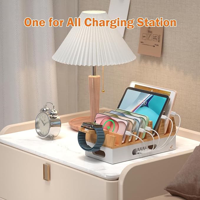 Pezin & Hulin Bamboo Charging Station Organizer for Multiple Devices & Wood Desktop Docking Charging Stand Such As Cell Phone, Tablets, Phone Case and Watch Stand(No USB Charger) (Natural + White)