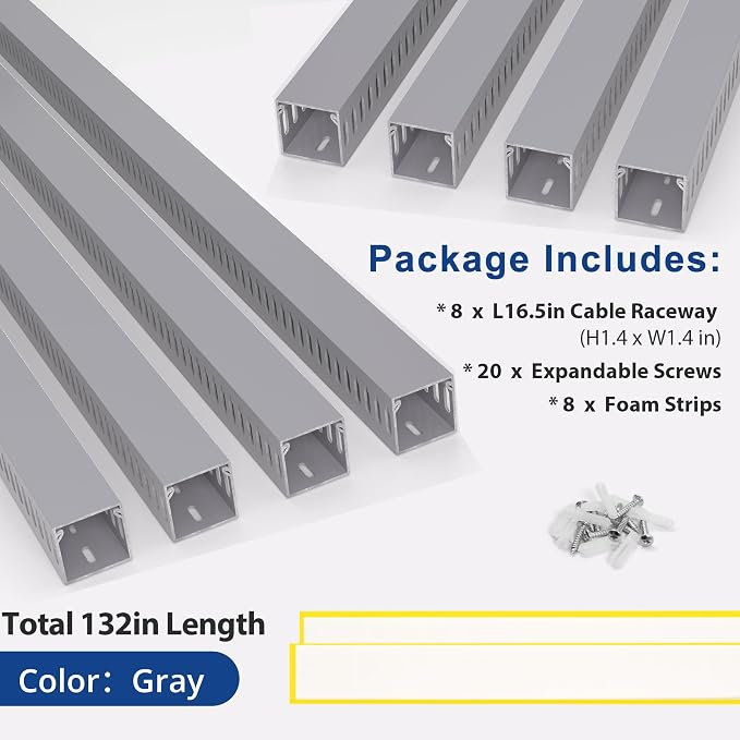 ZhiYo H1.4in W1.4in Professional Server Rack Cable Management Raceway, 132in (8 x L16.5in) Cable Raceway Kit, Electrically Safe PVC Open Slot Wire Raceway for Under Desk/Computer/Network Cords, Grey
